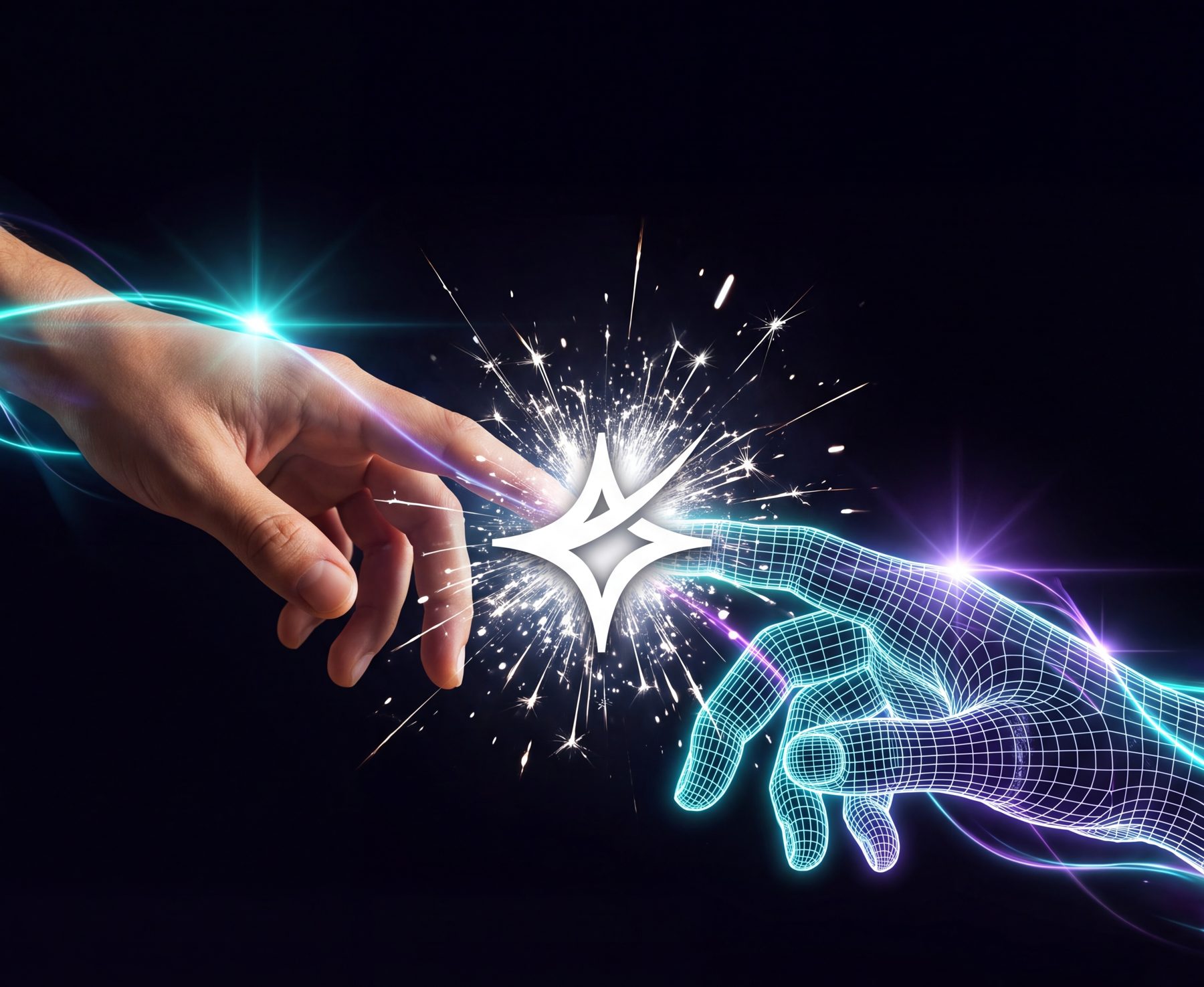 A human hand and a glowing wireframe AI hand reaching toward each other, with the SPARK star igniting between them